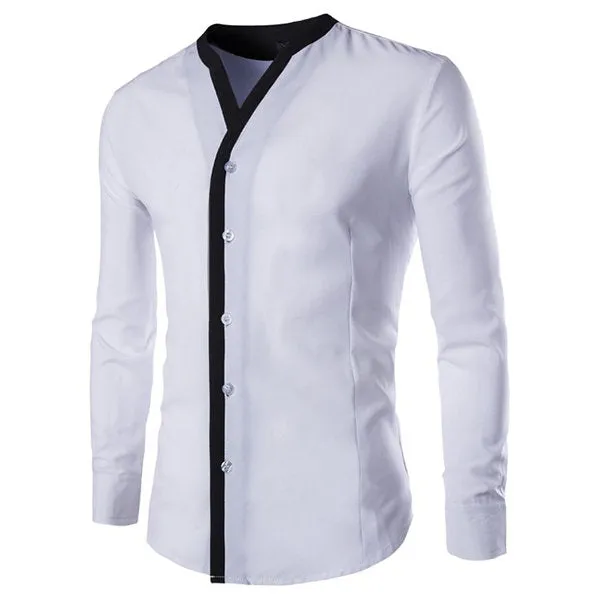 Formal Designer Dress Shirt for Men Long Sleeve Slim Fit Patchwork Casual