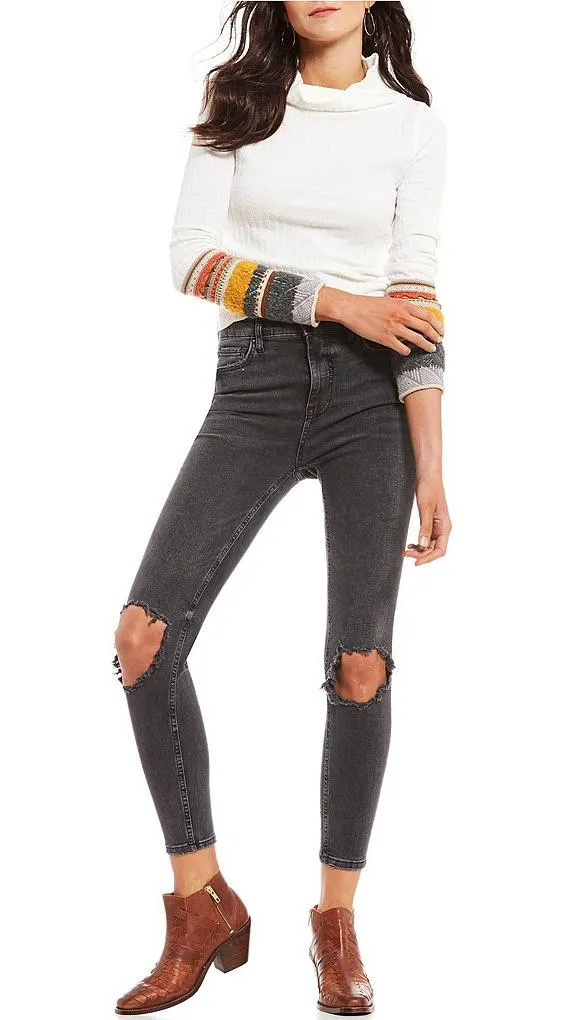 Free People High Rise Busted Skinny Charcoal Black