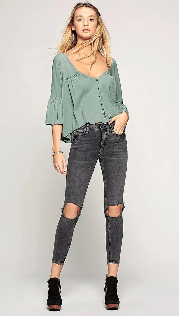 Free People High Rise Busted Skinny Charcoal Black