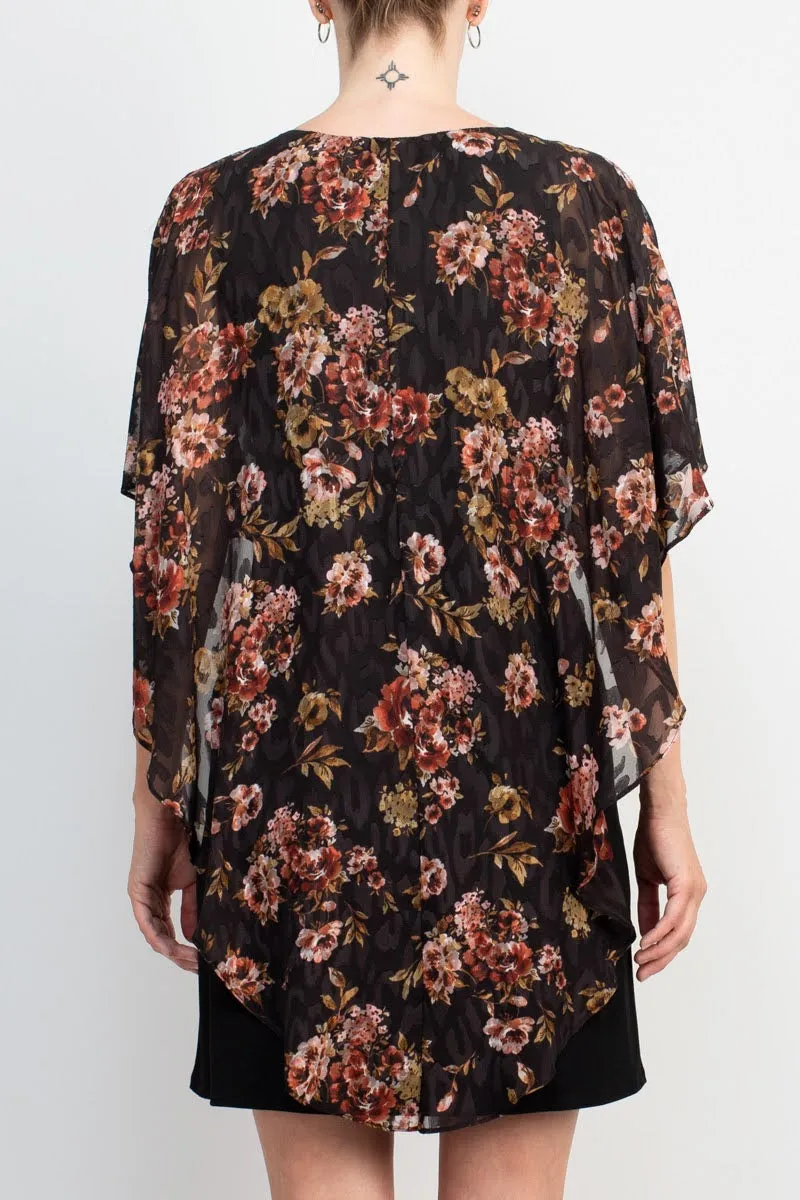 Glamour Nights Scoop Neck Floral Print Cape Short Sleeve ITY Dress