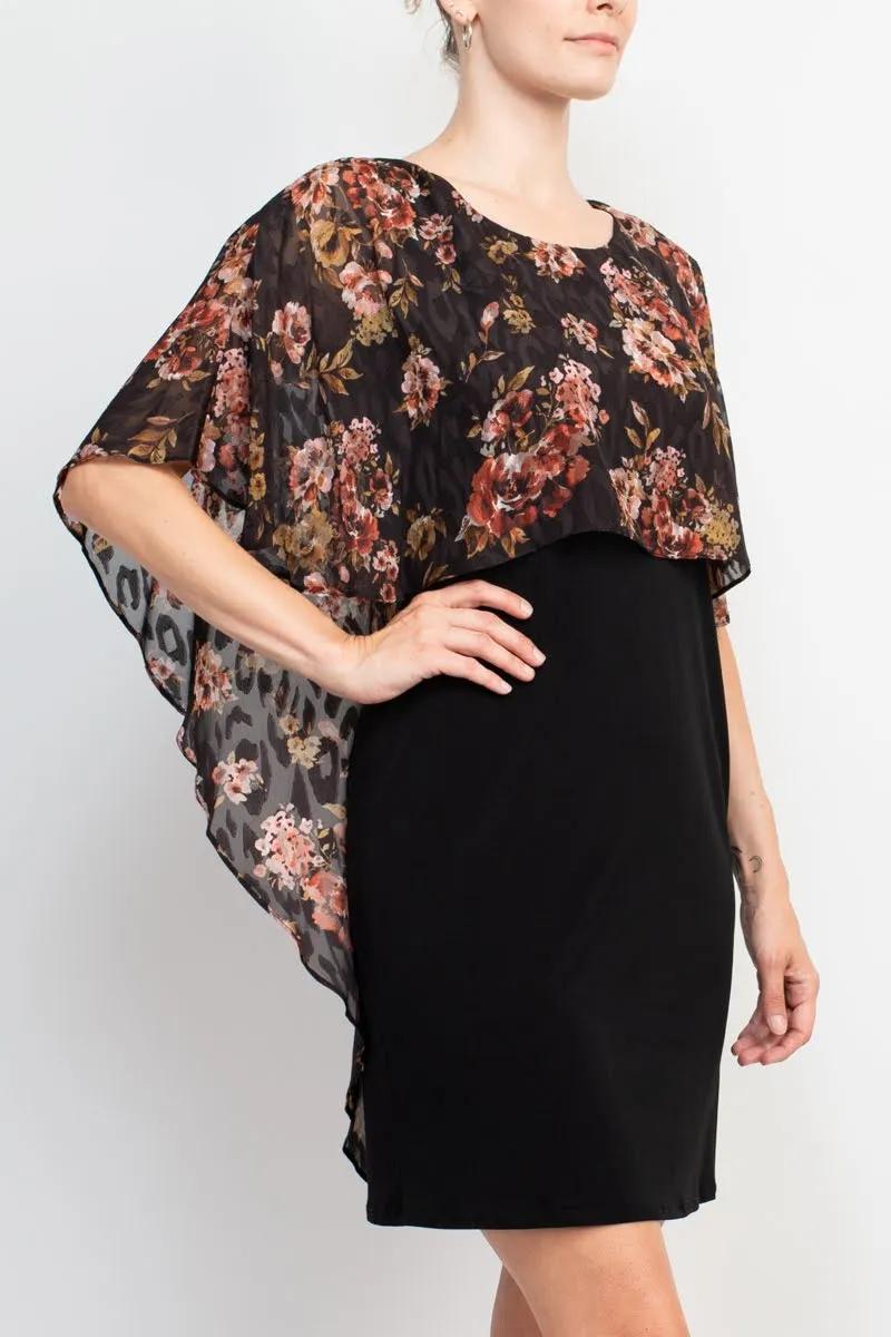 Glamour Nights Scoop Neck Floral Print Cape Short Sleeve ITY Dress