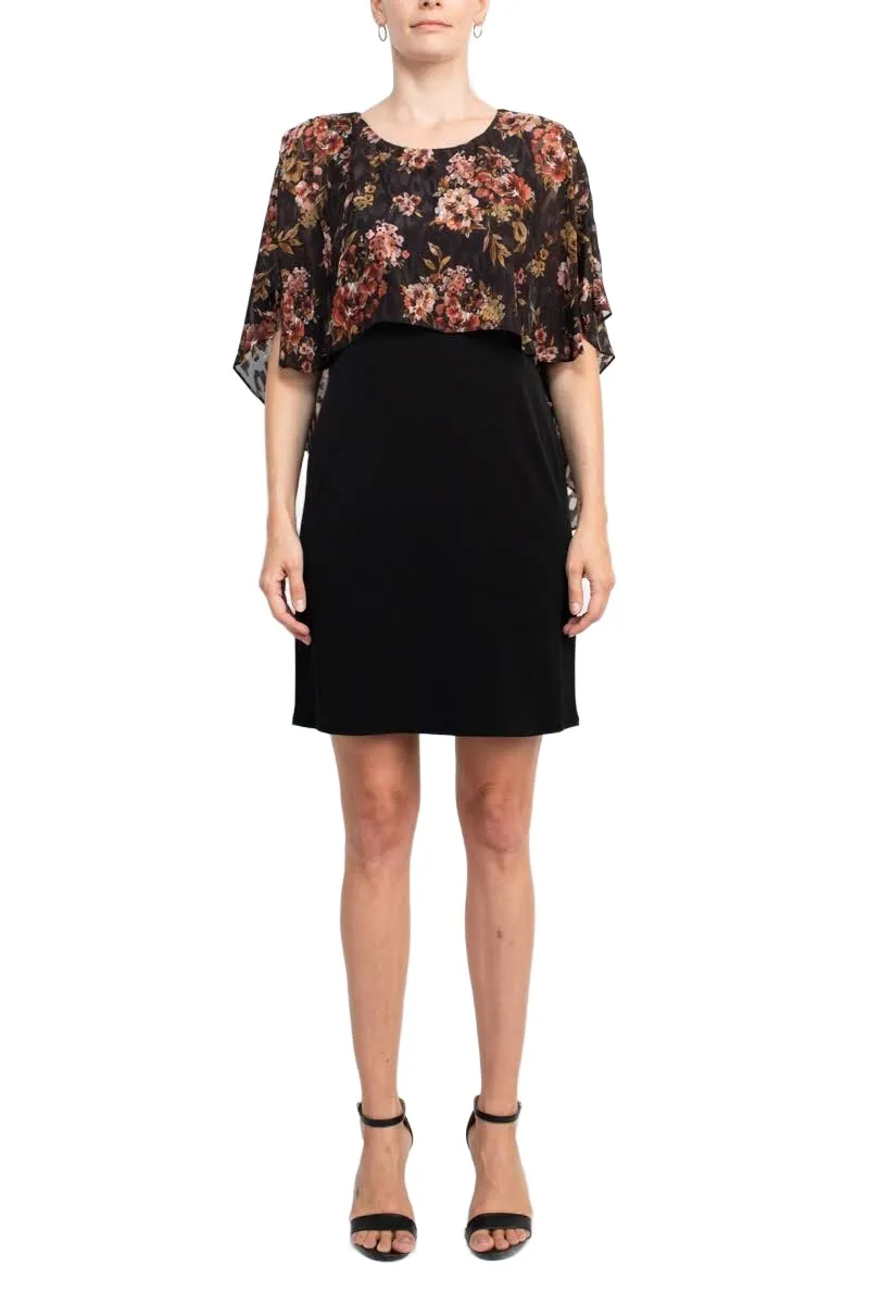 Glamour Nights Scoop Neck Floral Print Cape Short Sleeve ITY Dress