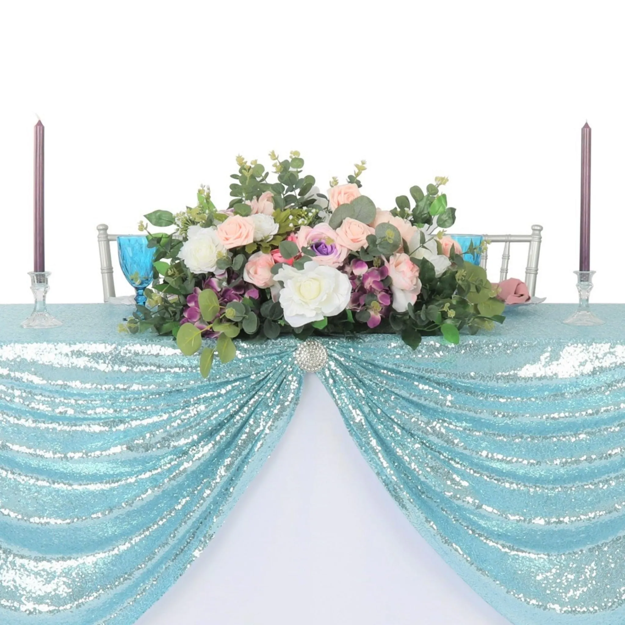 Glitz Sequin Mesh Net Tablecloth  90"x132" Rectangular -  Baby Blue