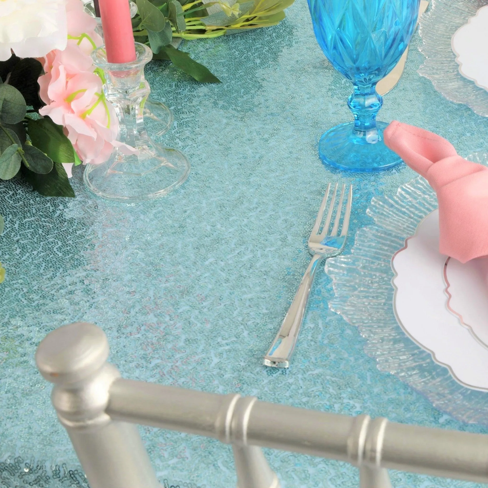 Glitz Sequin Mesh Net Tablecloth  90"x132" Rectangular -  Baby Blue