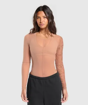 Gymshark Elevate Tattoo Graphic Mesh Bodysuit - Autumn Brown