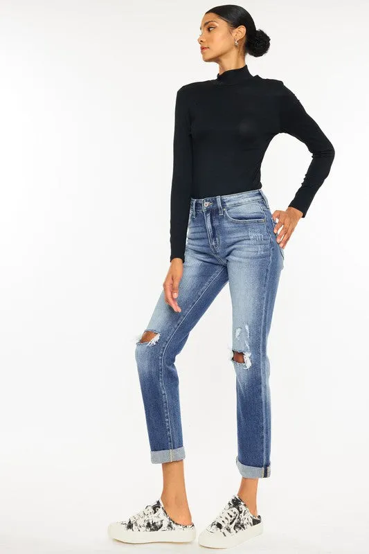 High Rise Hem Detail Slim Straight Jeans