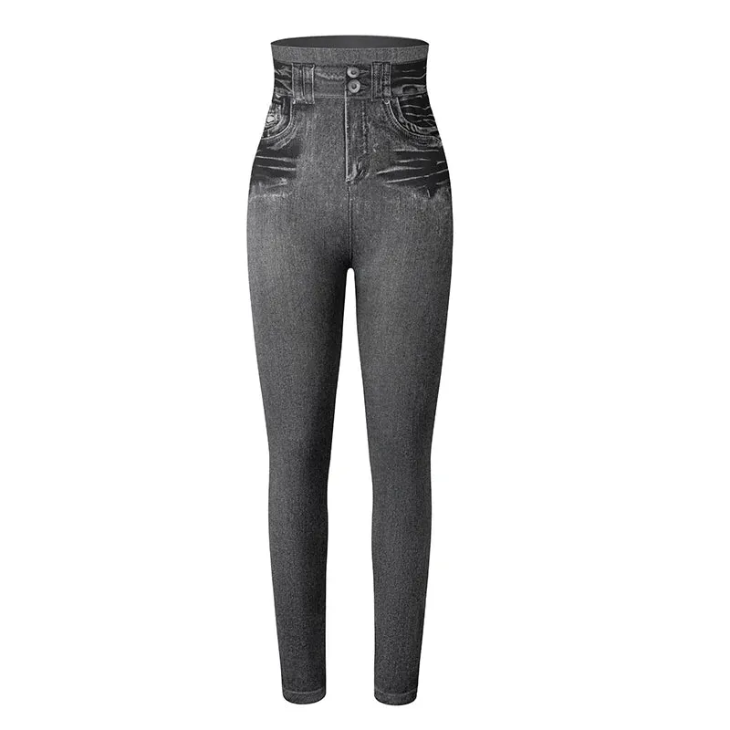 High Waist Faux Denim Print Leggings Women Sexy Skinny Pencil Pants Tummy Control Seamless Shapewear Trousers No Pocket