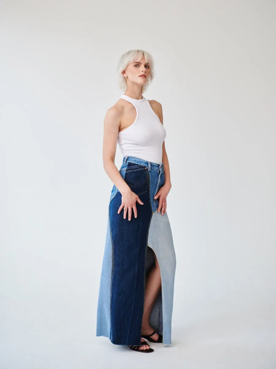 High Waisted Upcycled Patchwork Denim Long Skirt with Slit By Fanfare