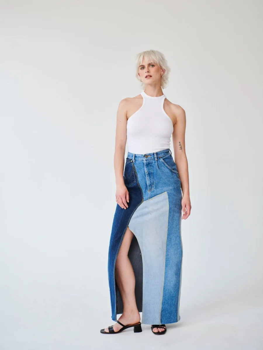 High Waisted Upcycled Patchwork Denim Long Skirt with Slit By Fanfare