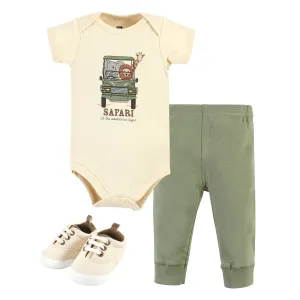 Hudson Baby Cotton Bodysuit, Pant and Shoe Set, Going On Safari Short Sleeve