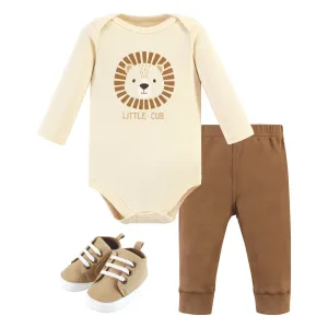 Hudson Baby Cotton Long Sleeve Bodysuit, Pant and Shoe Set, Brave Lion