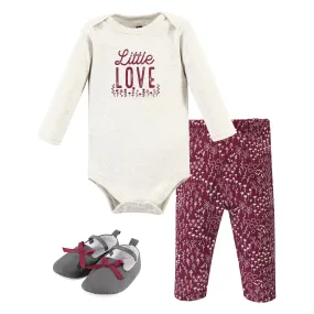 Hudson Baby Cotton Long Sleeve Bodysuit, Pant and Shoe Set, Little Love Flowers