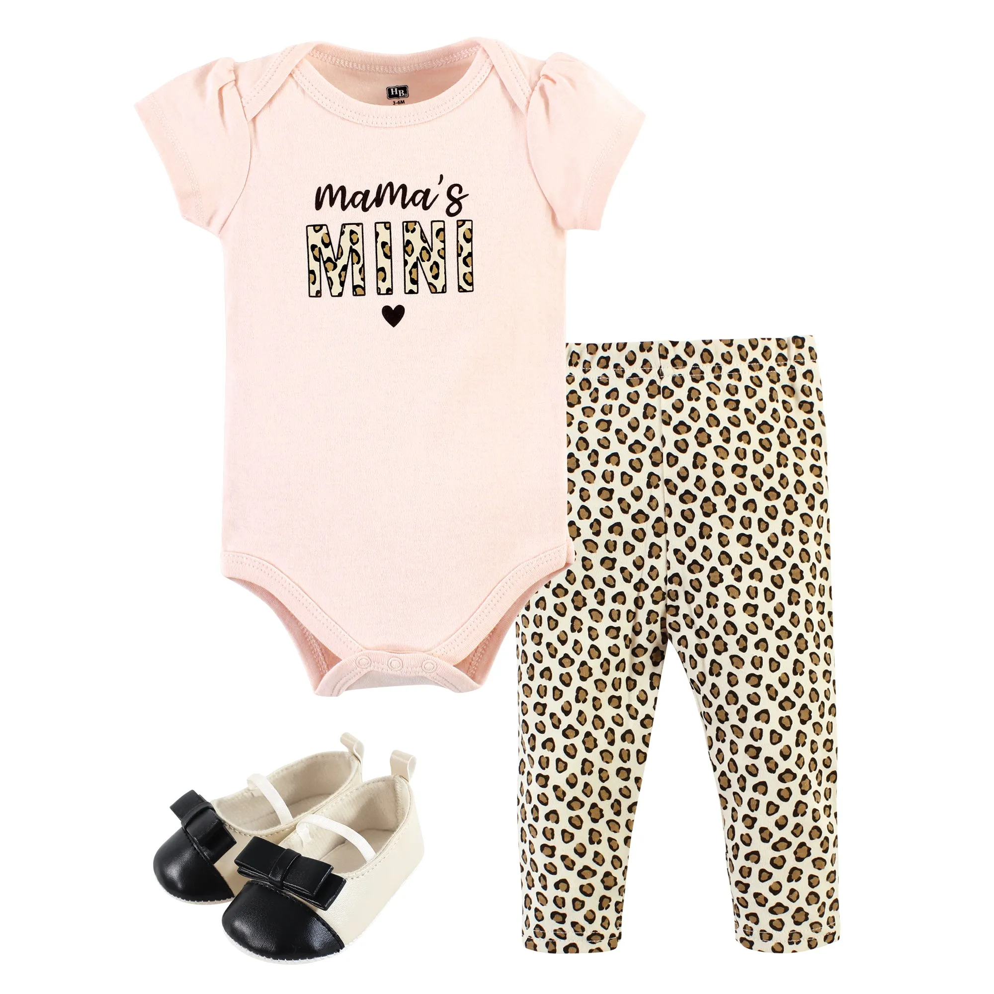 Hudson Baby Cotton Short Sleeve Bodysuit, Pant and Shoe Set, Leopard Hearts