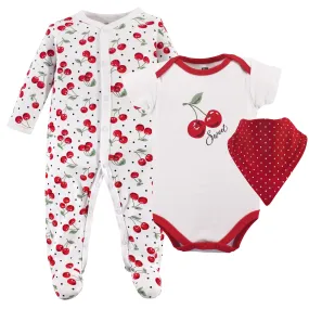 Hudson Baby Cotton Sleep and Play, Bodysuit and Bandana Bib Set, Cherries