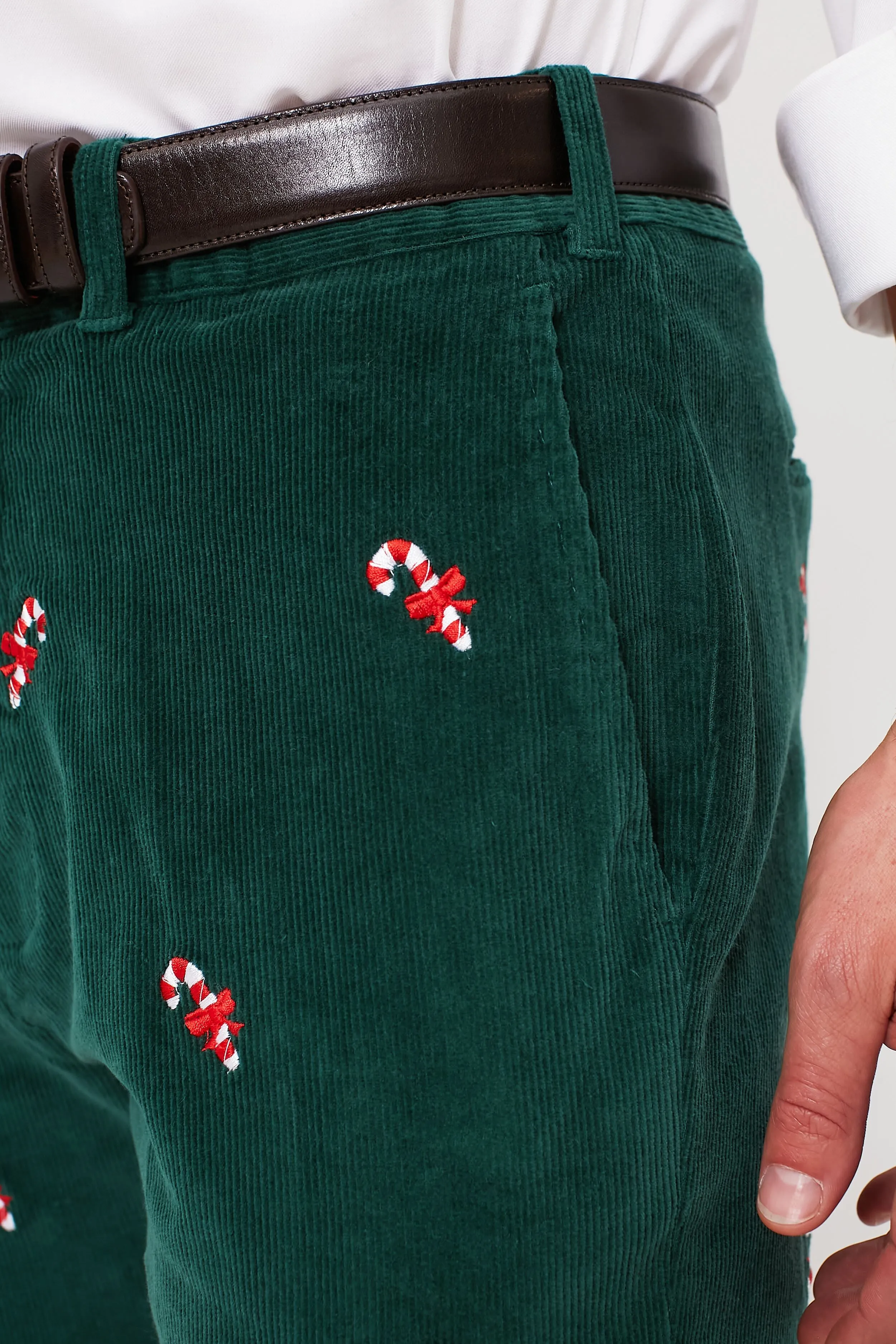 Hunter Green Candy Cane Embroidered Corduroy Pants (34" Inseam)