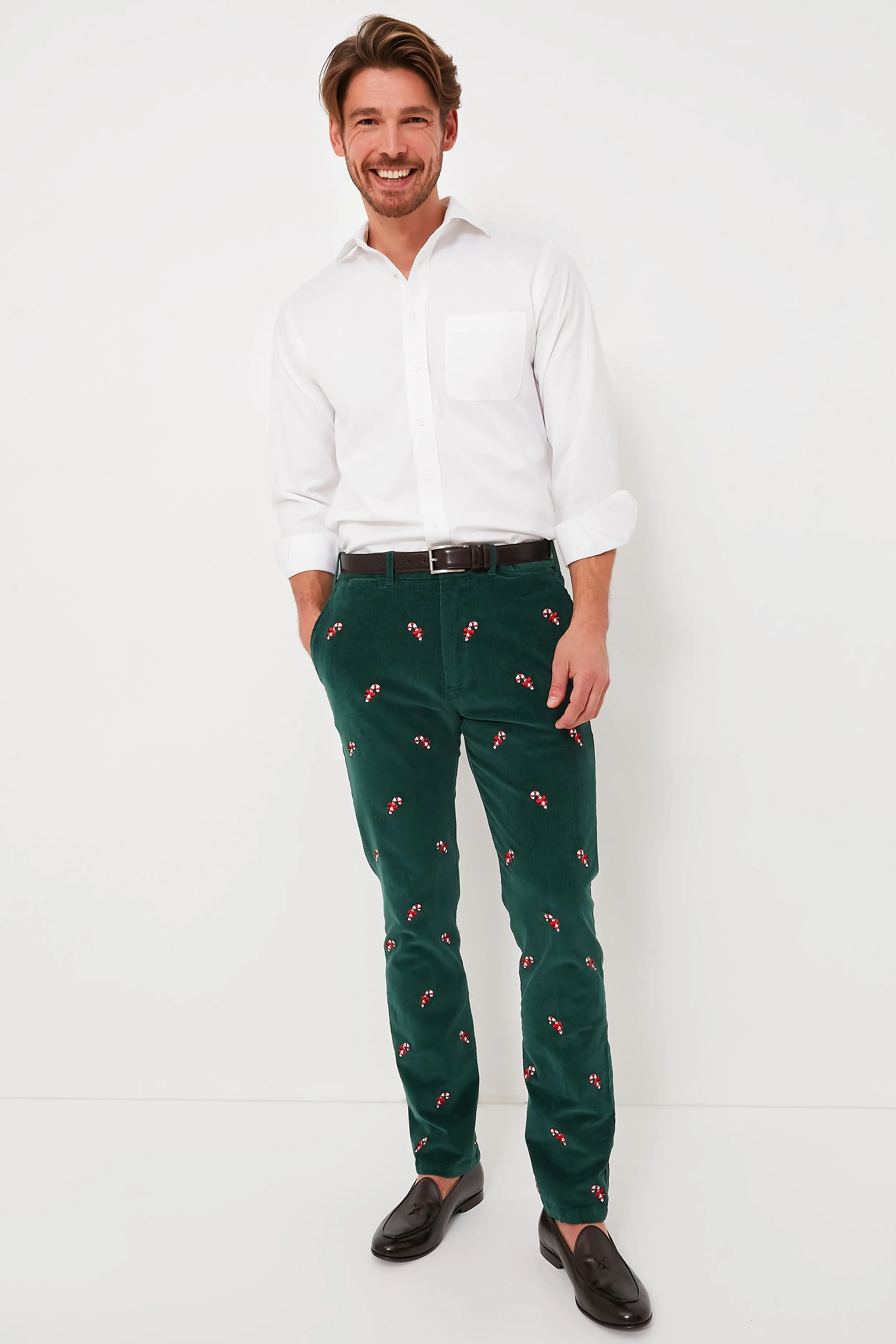 Hunter Green Candy Cane Embroidered Corduroy Pants (34" Inseam)