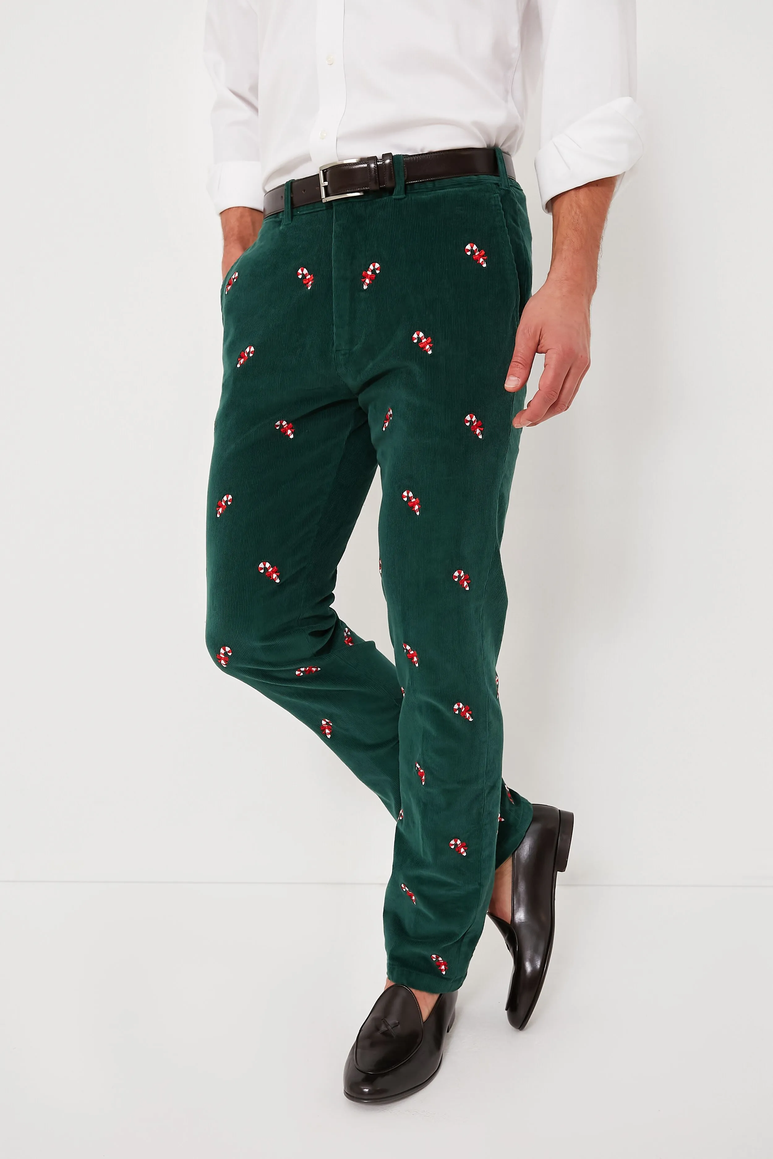 Hunter Green Candy Cane Embroidered Corduroy Pants (34" Inseam)