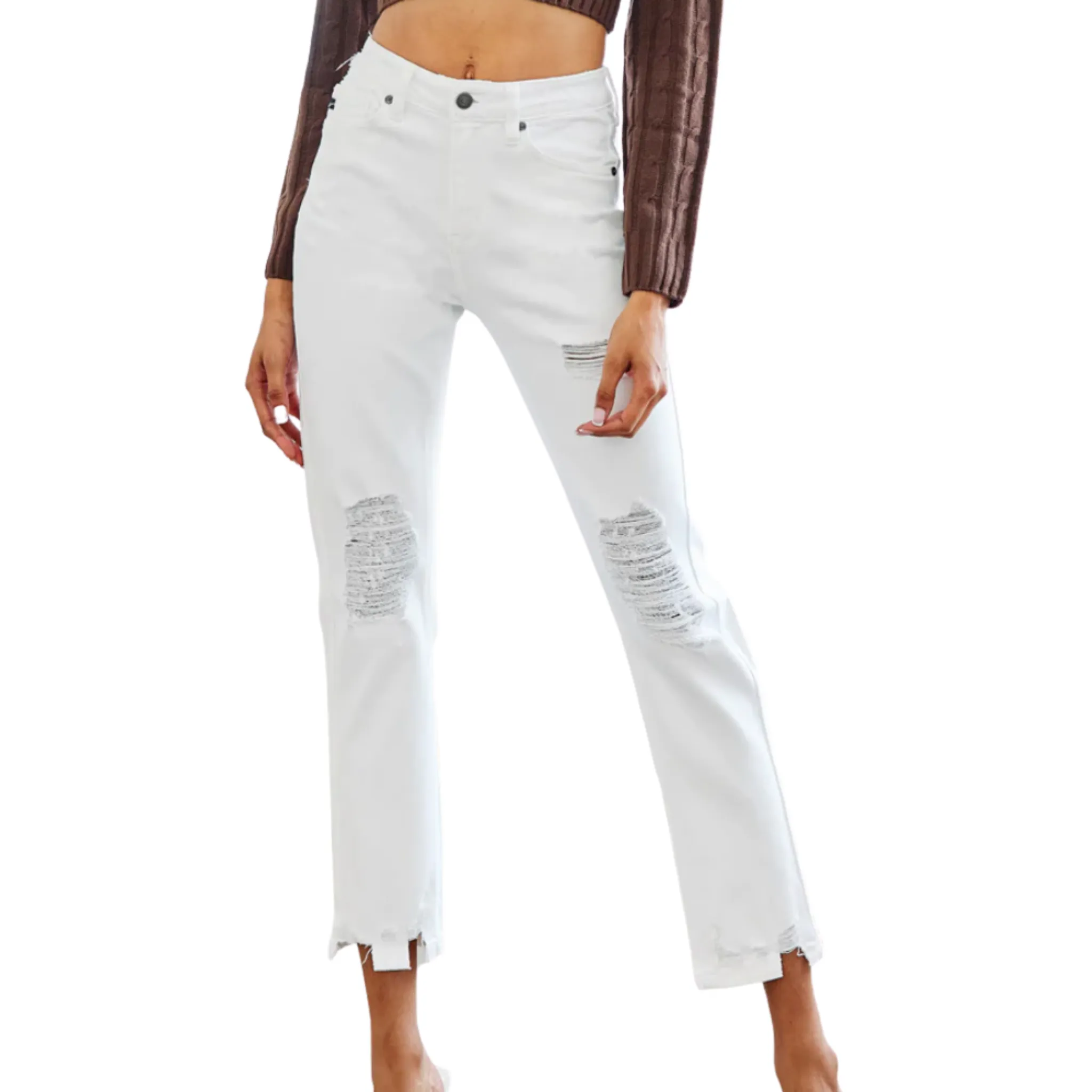 KANCAN WOMEN'S WHITE HIGH RISE SLIM STRAIGHT JEANS- KC7350WT