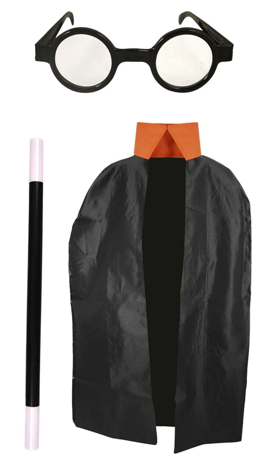 Kids Wizard Black Cape, Nerd Glasses, Magic Wand - Book Week Fancy Dress Accessories