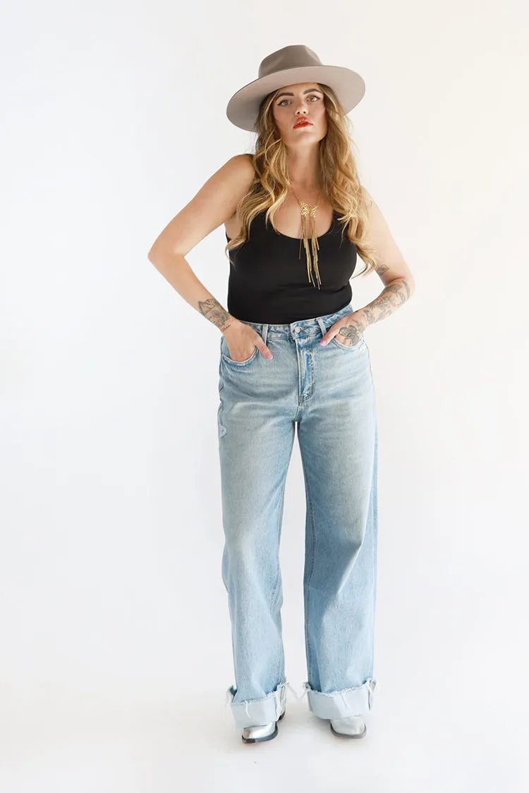 Light Wash Cuffed Wide Leg Jeans