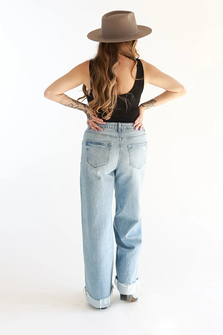 Light Wash Cuffed Wide Leg Jeans