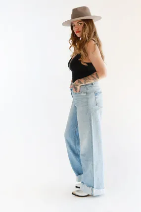 Light Wash Cuffed Wide Leg Jeans