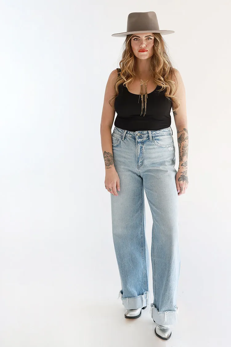 Light Wash Cuffed Wide Leg Jeans