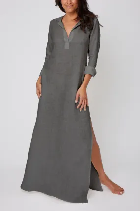 Long Linen Shirt Dress - Dark Grey