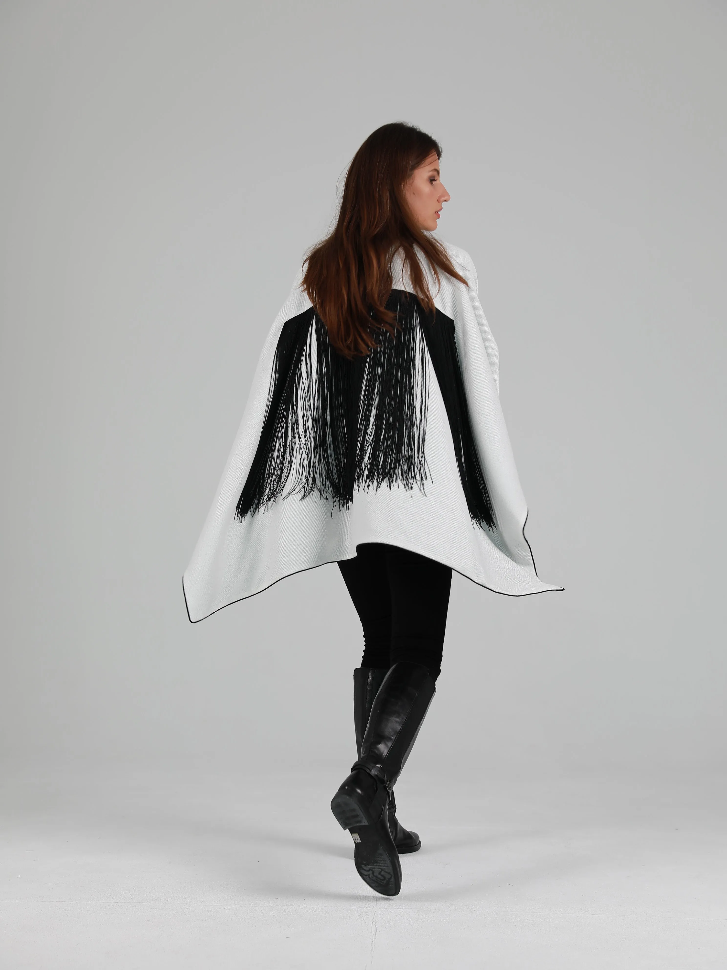 Long-Sleeve High Mandarin Collar Fringed Cape - White