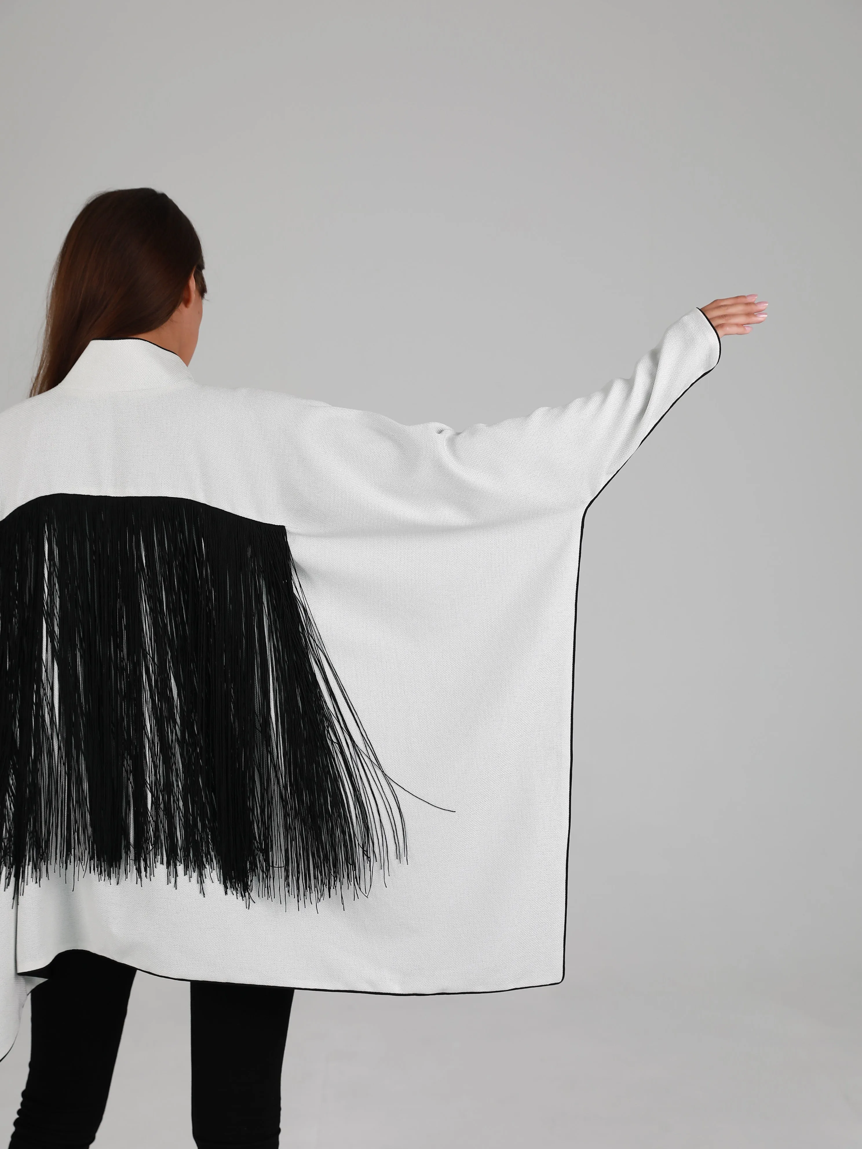 Long-Sleeve High Mandarin Collar Fringed Cape - White