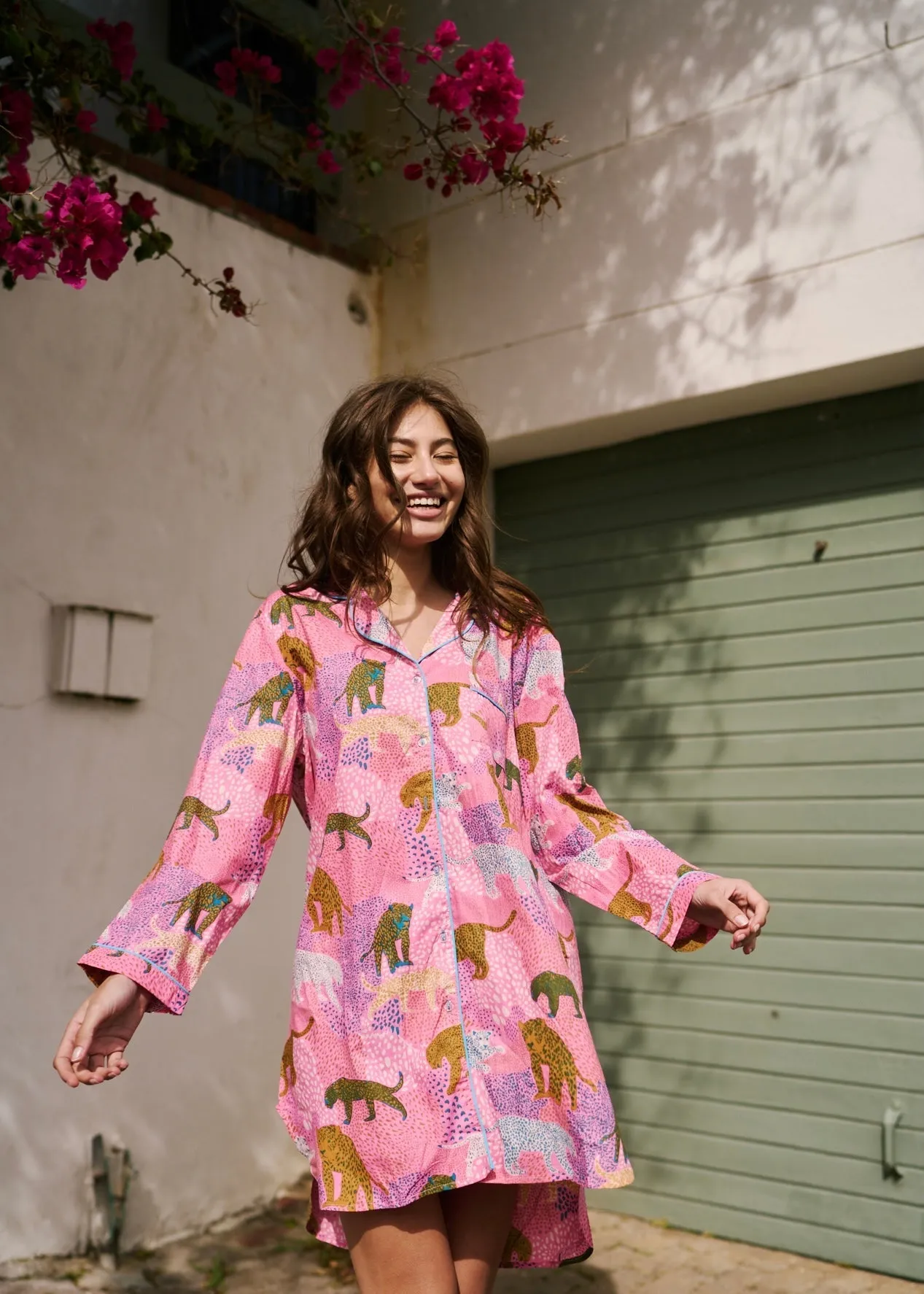 Long Sleeve Sleepshirt With Leopard Print In Pink