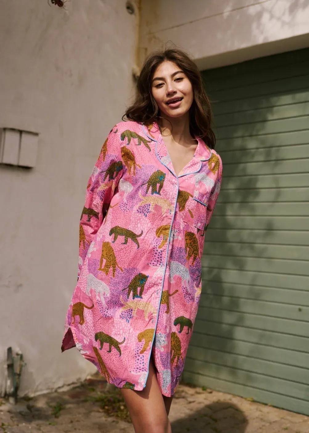 Long Sleeve Sleepshirt With Leopard Print In Pink