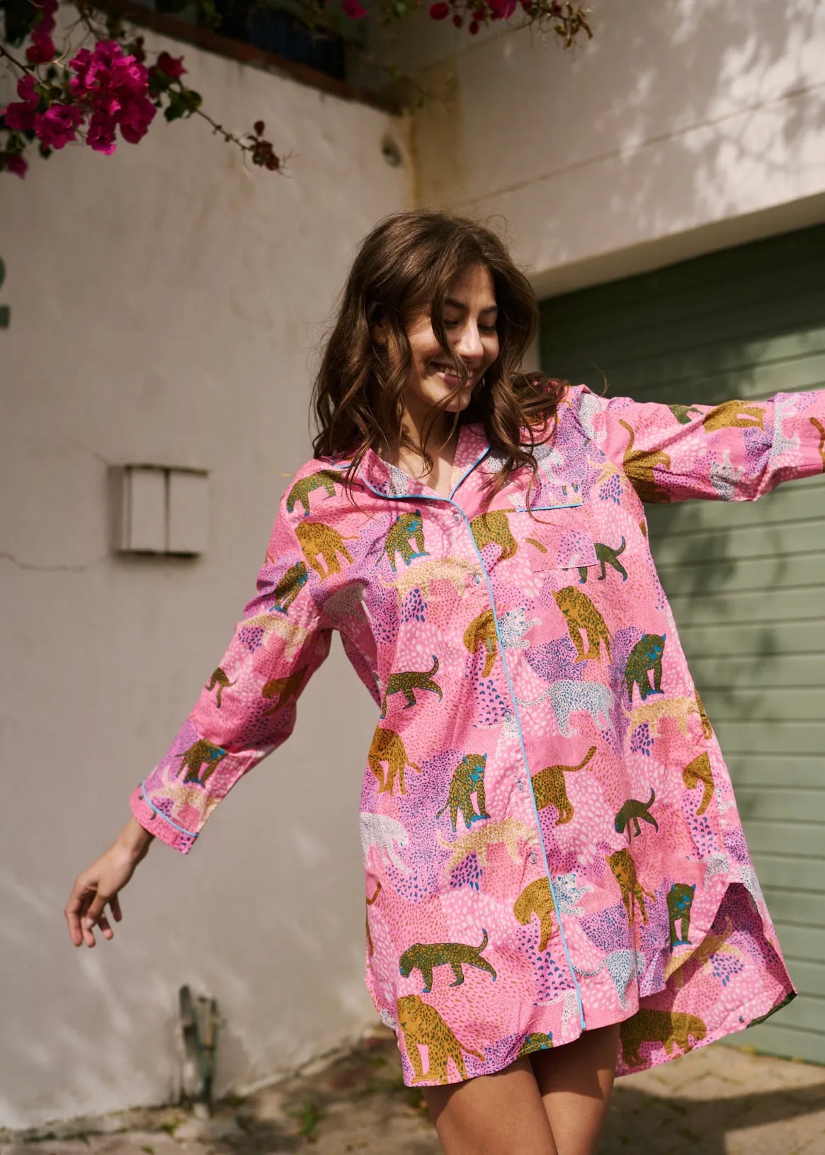 Long Sleeve Sleepshirt With Leopard Print In Pink