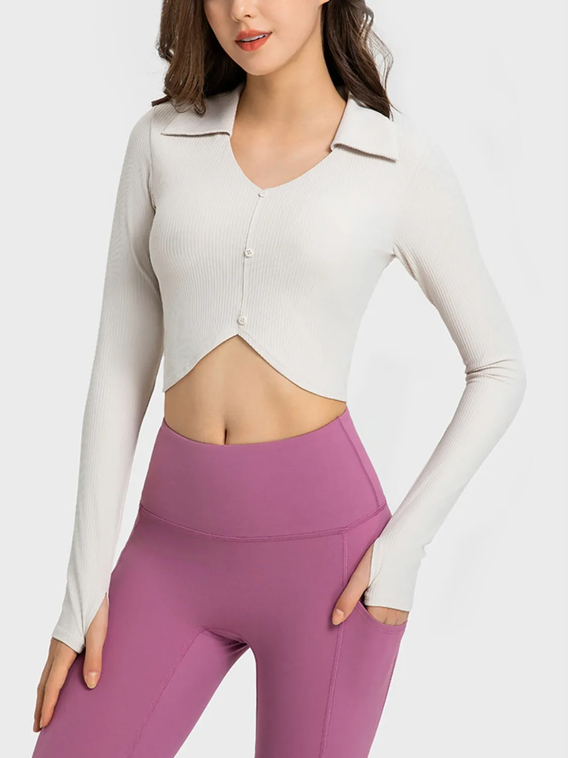 Long Sleeve Workout Shirt with Thumb Hole Women's Sports Crop Top Nylon and Spandex Premium Luxury Activewear Fashion KESLEY