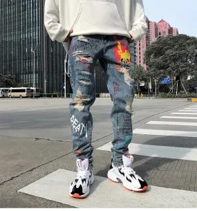 Men Graffiti Distressed Denim