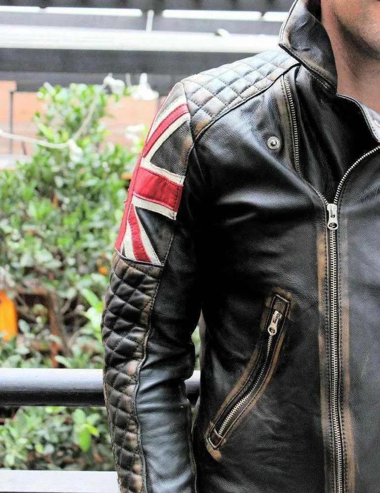 Men's Biker Vintage Quilted Distressed Brown Racer UK Flag Union Jack Leather Jacket