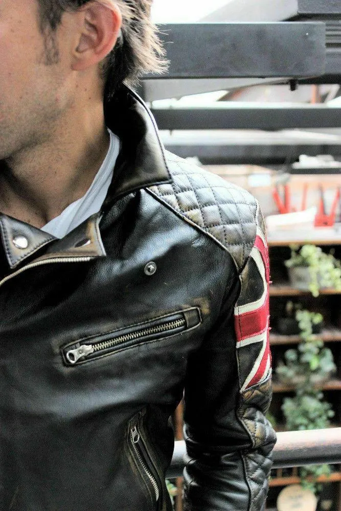 Men's Biker Vintage Quilted Distressed Brown Racer UK Flag Union Jack Leather Jacket