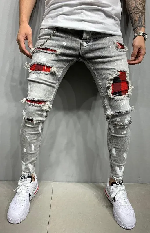 Men's Fashion Mid Waist Ripped Slim Jeans