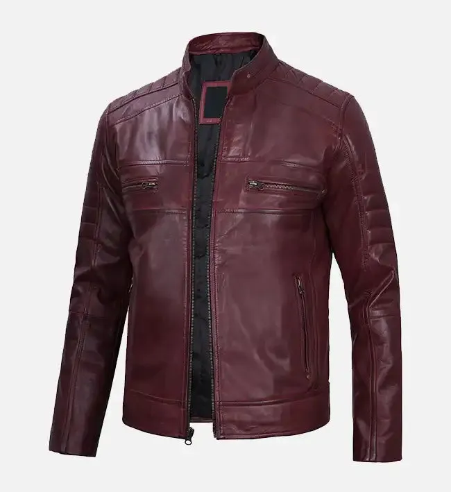 Men's Maroon Cafe Racer Leather Jacket