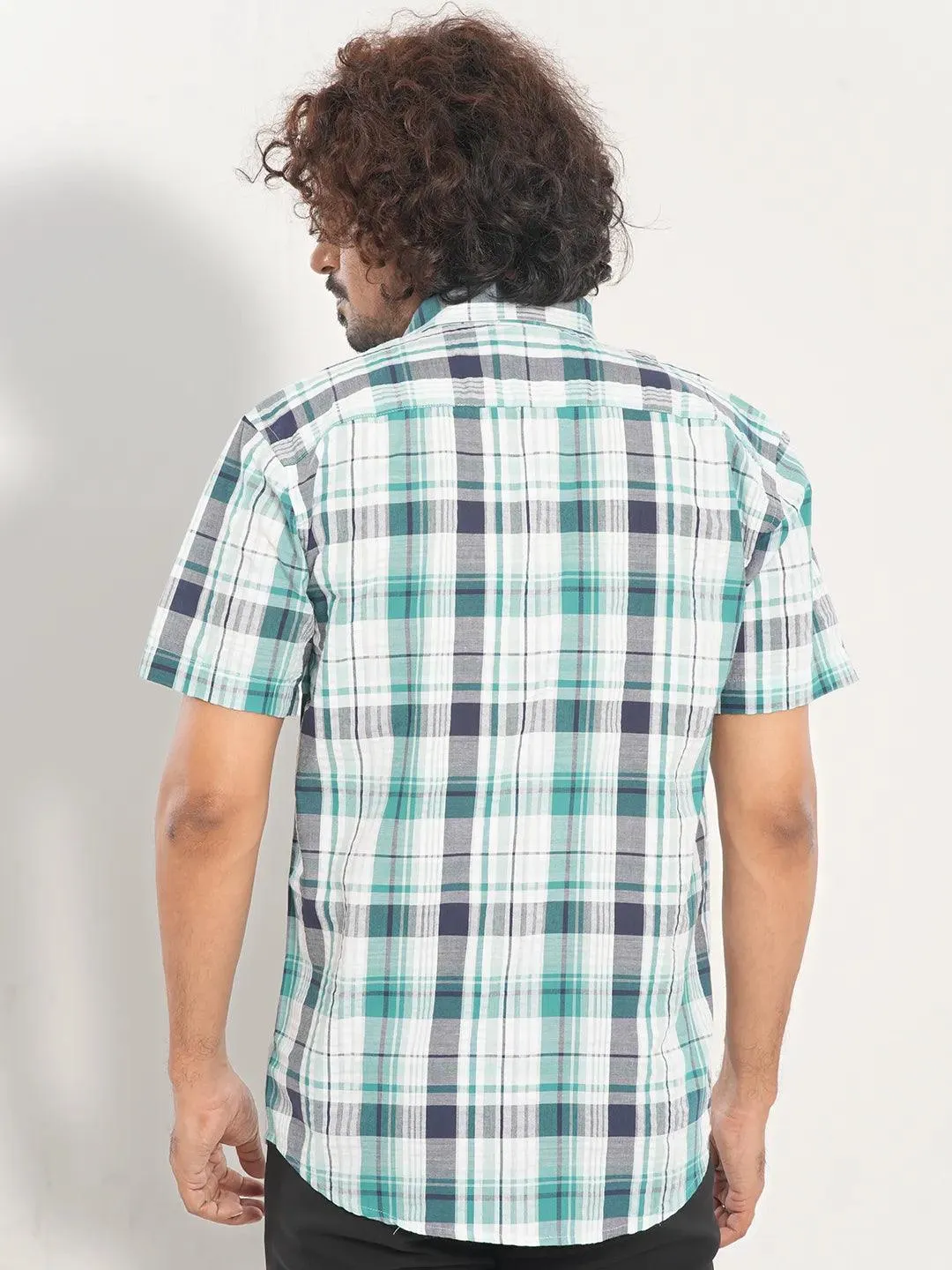 Men's Short Sleeve Casual Shirt in Mint Green Check