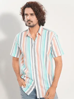 Men's Short Sleeve Shirt in Verticals Stripe Cantaloupe Orange