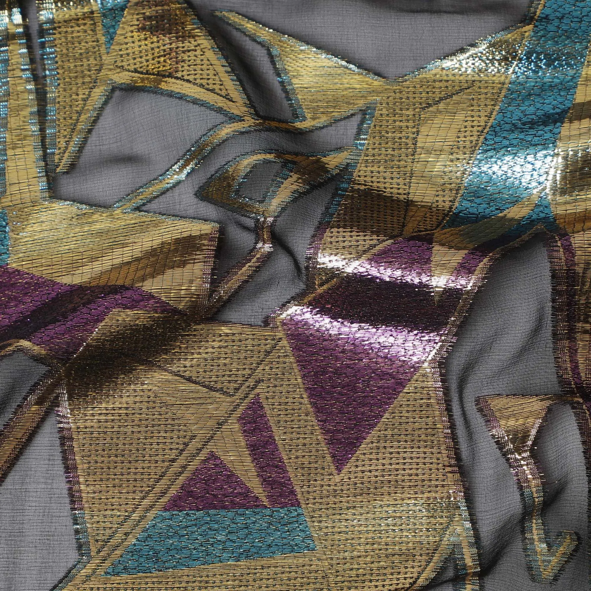 Metallic Charcoal Geometric Silk Chiffon Fabric, 140cm - Dynamic South Korean Textile-D17794