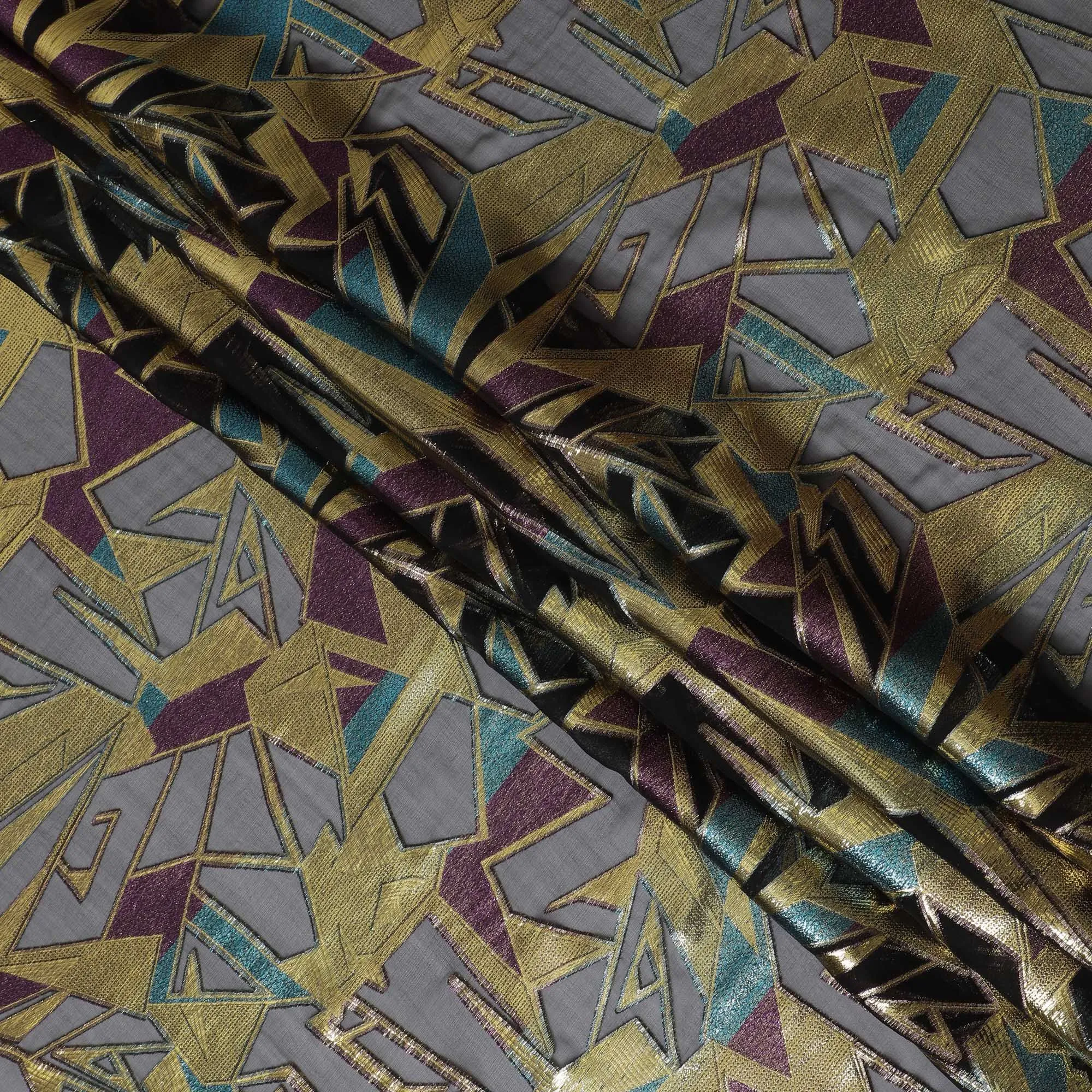 Metallic Charcoal Geometric Silk Chiffon Fabric, 140cm - Dynamic South Korean Textile-D17794