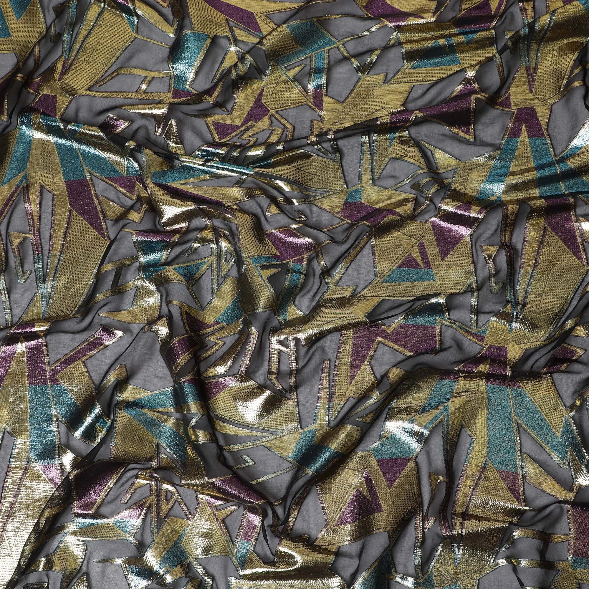 Metallic Charcoal Geometric Silk Chiffon Fabric, 140cm - Dynamic South Korean Textile-D17794