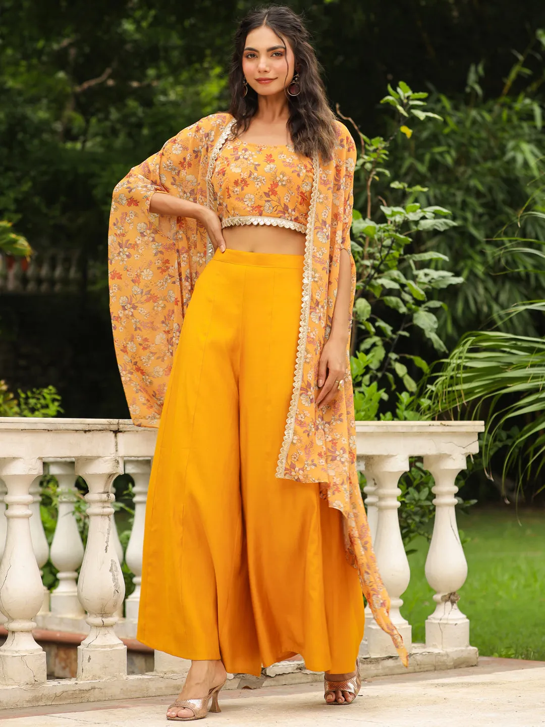 Mustard Georgette Floral Printed Top With Palazzo & Cape Set