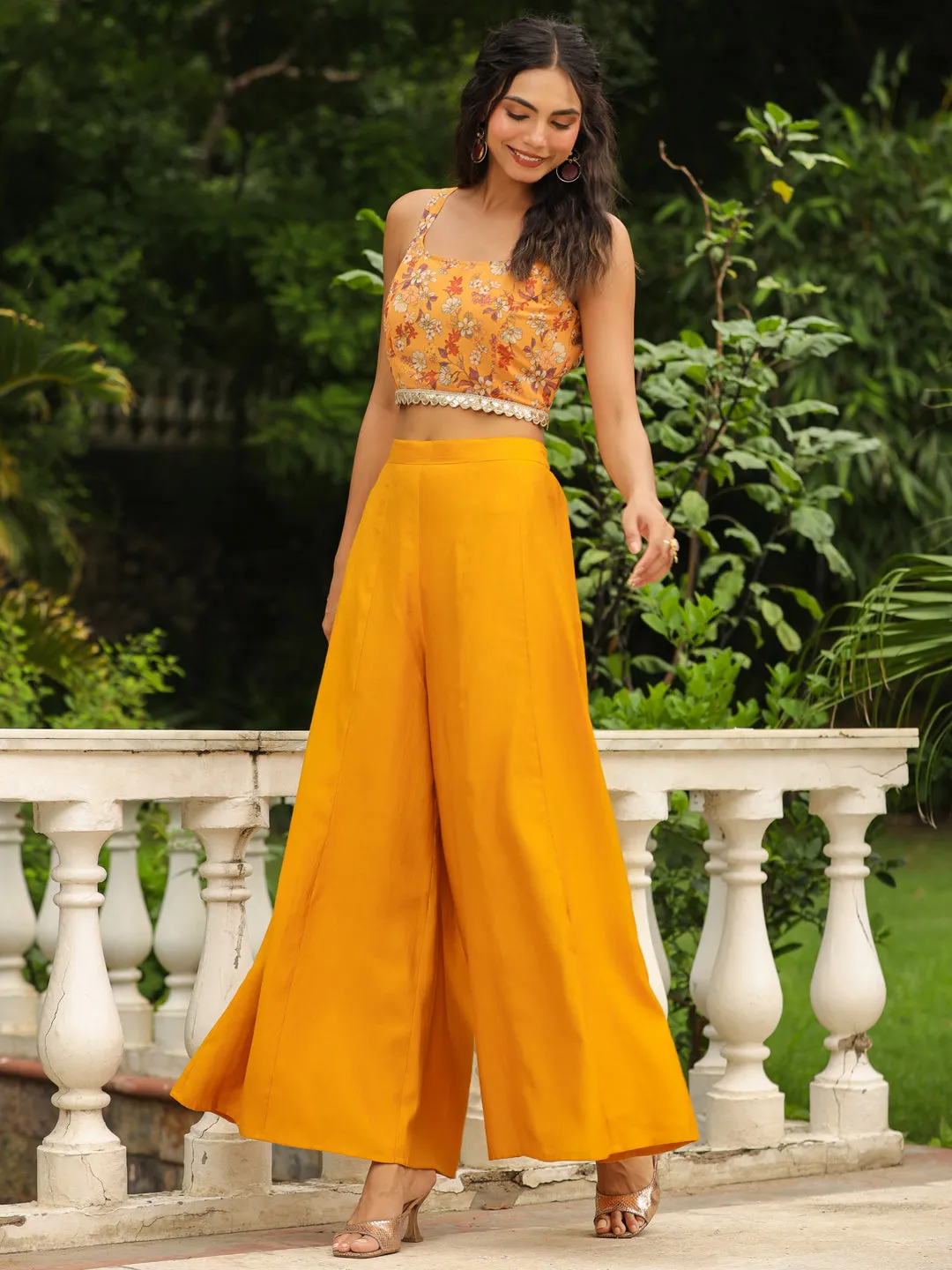 Mustard Georgette Floral Printed Top With Palazzo & Cape Set