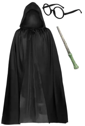 Mystical Black Hooded Cape with Glasses and Wand - Complete Wizard Costume Set for a Magical Halloween Transformation