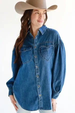 Oversized Dark Wash Heart Pocket Button Down