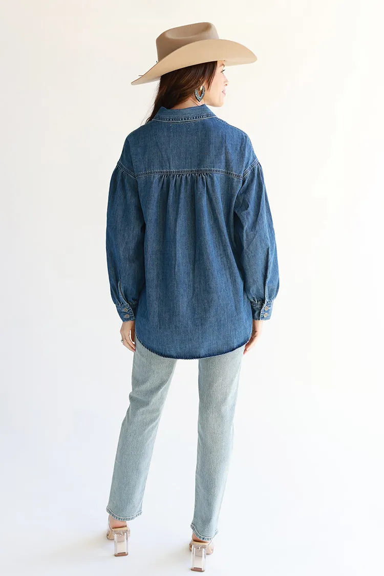 Oversized Dark Wash Heart Pocket Button Down