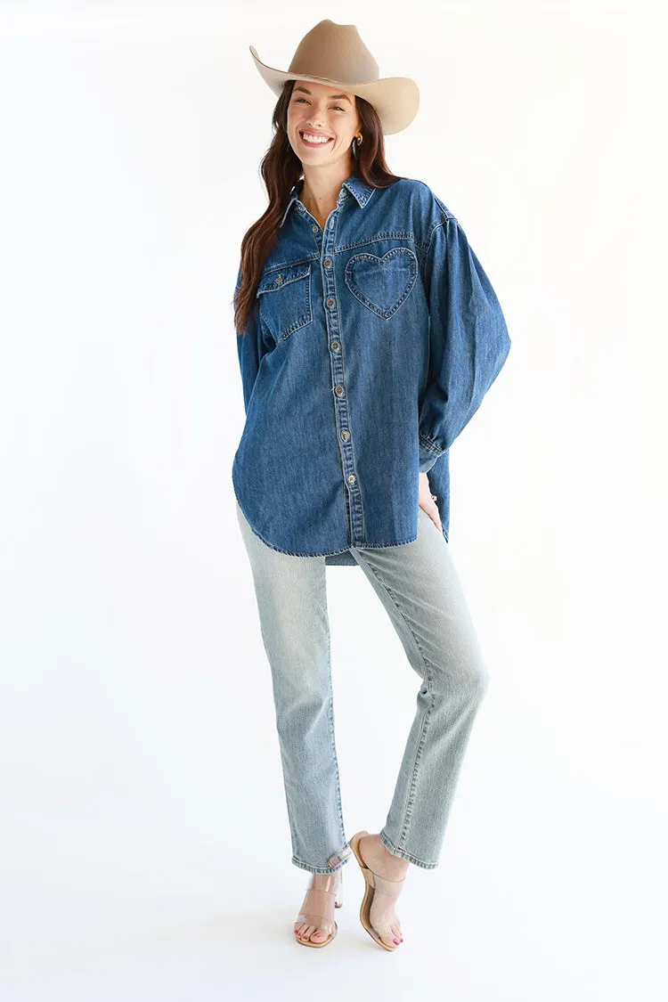 Oversized Dark Wash Heart Pocket Button Down